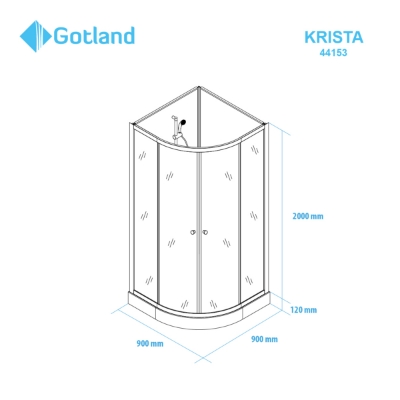 Attēls Dušas kabīne GOTLAND Krista 90*90*200cm , baltā aizmugure, caurspīdīgie stikli, melnais profils, seklais paliktnis 12cm, bez jumta