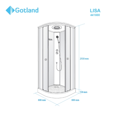 Attēls Dušas kabīne GOTLAND Lisa 80x80x215cm, seklais paliktnis 12cm, priekšējie stikli peleki, aizmugure melna
