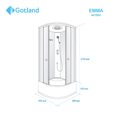 Attēls Dušas kabīne GOTLAND Emma 80x80x215cm, dziļais paliktnis (40cm), priekšējie stikli caurspidīgie, aizmugure balta