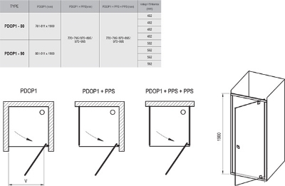 Attēls Dušas durvis Ravak Pivot PDOP1-90 bright alu+stikls Transparent