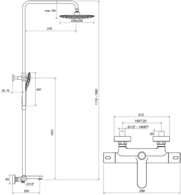 Picture of Bath shower pillar Termo 300, with thermostatic tap and shower set