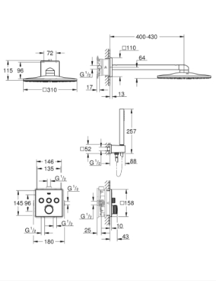 Picture of GROHE built-in thermostatic mixer with shower set SmartControl Perfect Rainshower 310 Cube