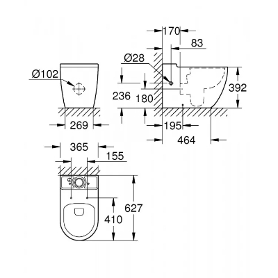 Attēls Pods BauCeramic Rimless 365x627 mm, univ. izv., ar SC vāku, pievads no apakšas, balts