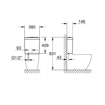 Attēls Pods BauCeramic Rimless 365x627 mm, univ. izv., ar SC vāku, pievads no apakšas, balts