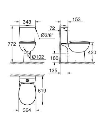 Picture of WC BauCeramic Rimless 350*600 mm horiz.out., white with seat cover QR/SC