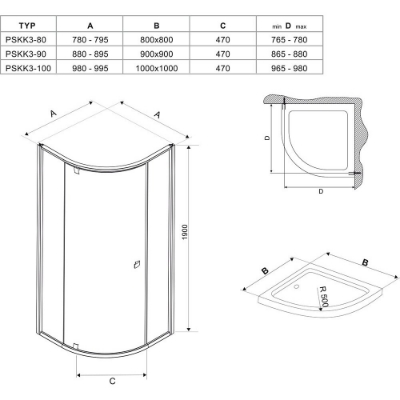 Picture of Shower enclosure PIVOT PSKK3-90, r-500, black/glass Transparent