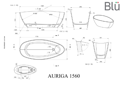 Attēls Akmens masas vanna Auriga 1560x710x560x460mm, balta