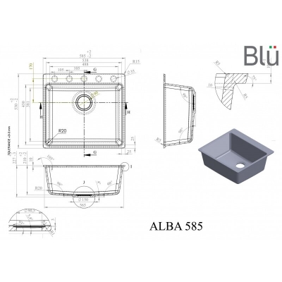 Picture of Cast marble rectangular sink ALBA with comfortable and deep bowl. With hole for mixer, 585x530, coal