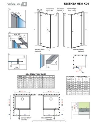 Attēls Dušas stūris Radaway Essenza New KDJ 100x100, h-2000, hromēts profils, caurspīdīgs stikls, kreisā puse