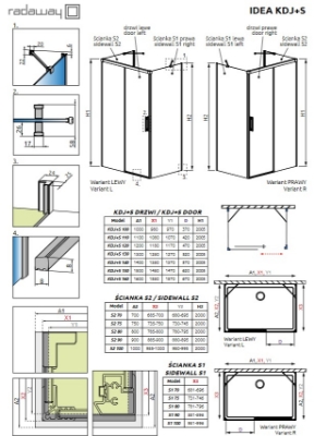 Attēls Dušas stūris Idea Black KDJ+S 110x80, h-2000 mm, melns profils, caurspīdīgs stikls, Kreisā puse