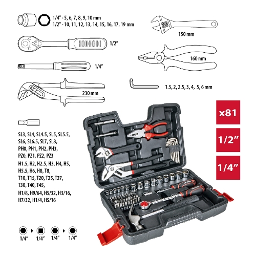 Attēls Instrumentu komplekts 1/4", 1/2" 81 gb.