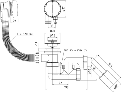 Изображение Сифон для ванны с переливом Crome 40mm L-500mm