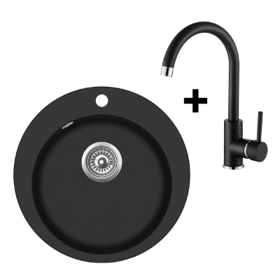 Attēls Granīta izlietne 505x505 BLACK + Virtuves maisītājs 5523 Black Metalic