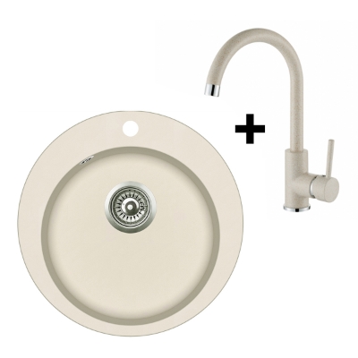 Attēls Granīta izlietne 505x505 BEIGE +Virtuves maisītājs 5523 Beige