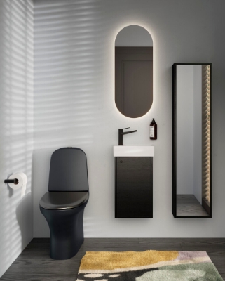 Attēls Tualetes pods Gustavsberg Estetic 8300, universāls izvads, Hygienic Flush, 2/4 l, ar SC/QR vāku, līmēšanai, C+ pārklājums, melns